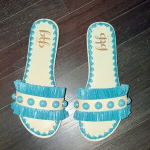 btb Los Angeles Blue Fringe Slide Sandals